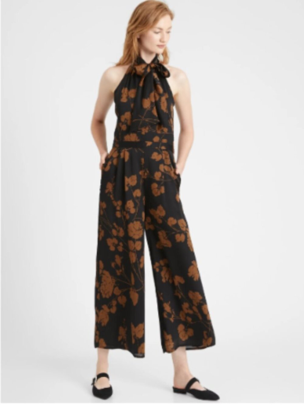 Banana Republic Tie Neck Floral Wide Leg Cropped Jump Suit Orange/Black Size 2